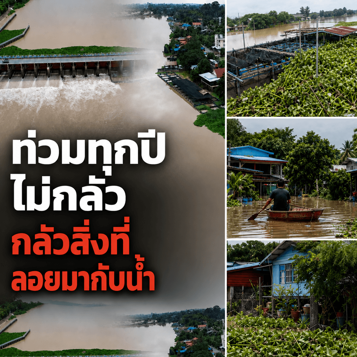 ผวา! เขื่อนเจ้าพระยาล้น ผักตบซัดกระชังอยุธยาพังยับ